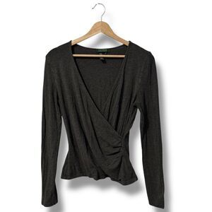 Lauren Ralph Lauren Women's Gray V-Neck Long Sleeve Blouse Size Medium